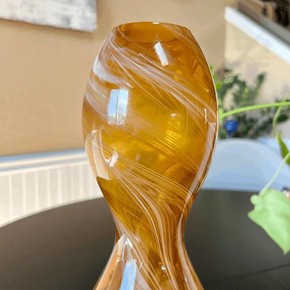 Vintage Huluping Hand Blown Brown and White Swirl Art Glass Hourglass Vase